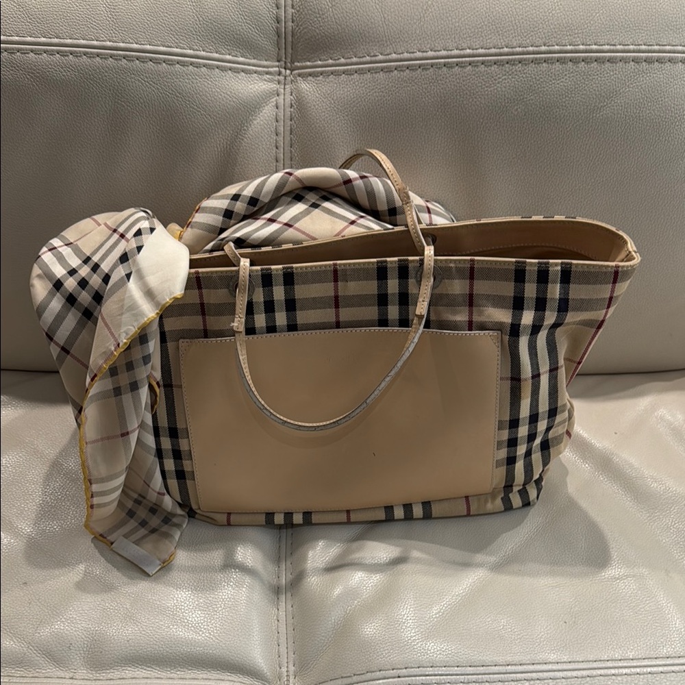 BURBERRY Tan and Cream Plaid Tote Bag with Leather Trim & silk scarf